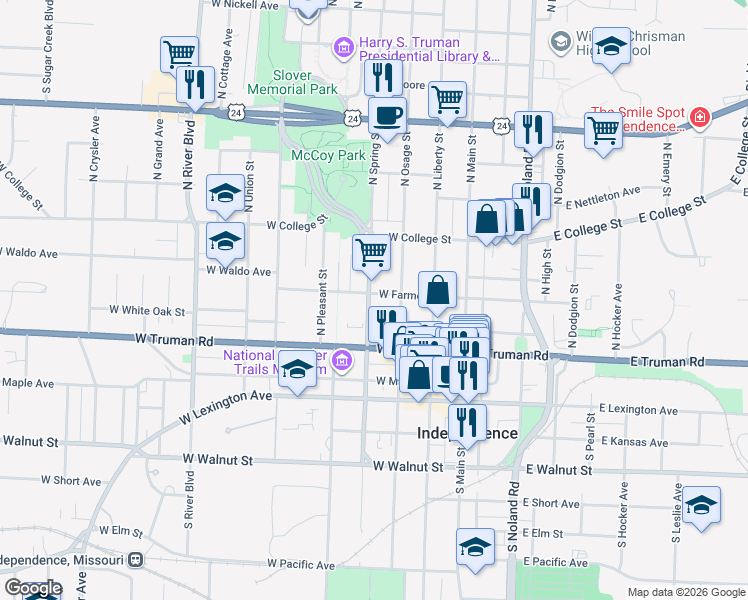 map of restaurants, bars, coffee shops, grocery stores, and more near 314 West Farmer Avenue in Independence
