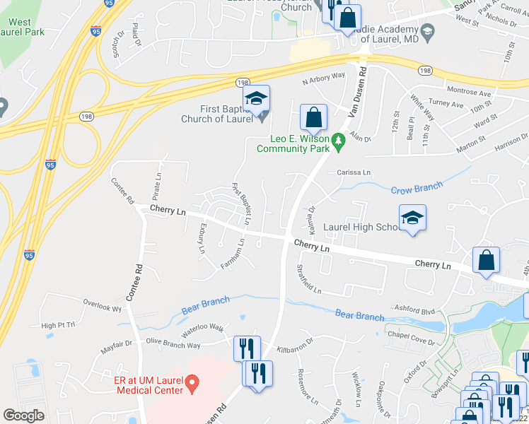 map of restaurants, bars, coffee shops, grocery stores, and more near Cherry Ln & Cherrywood Dr in Laurel