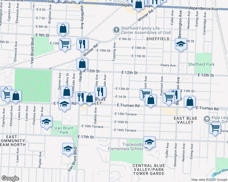 map of restaurants, bars, coffee shops, grocery stores, and more near 1242 Topping Avenue in Kansas City