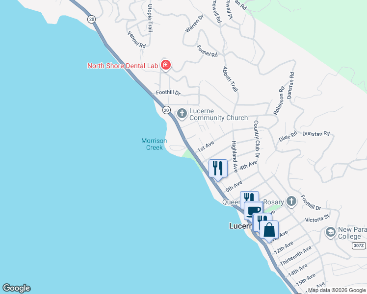 map of restaurants, bars, coffee shops, grocery stores, and more near 5877 Lake Street in Lucerne