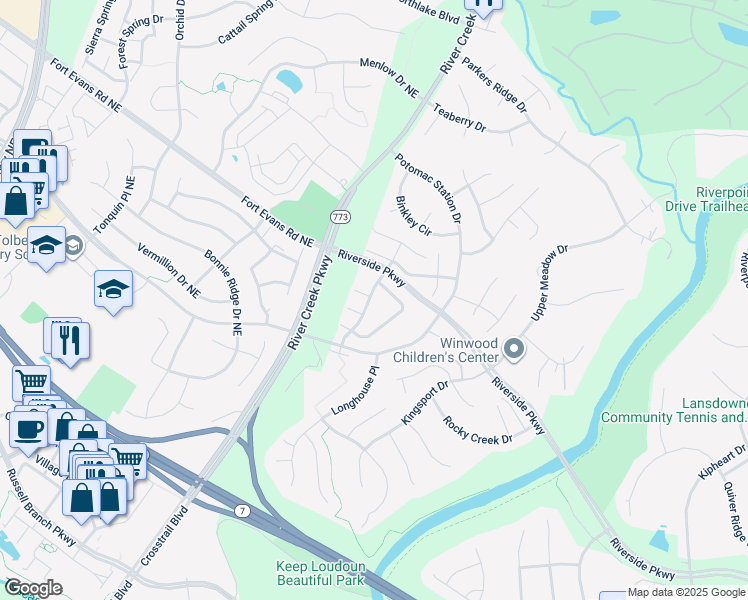 map of restaurants, bars, coffee shops, grocery stores, and more near 18818 Silverwood Terrace in Leesburg