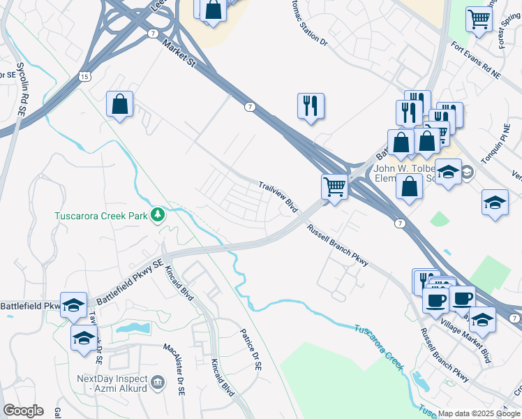 map of restaurants, bars, coffee shops, grocery stores, and more near 220 Petite Sirah Terrace Southeast in Leesburg