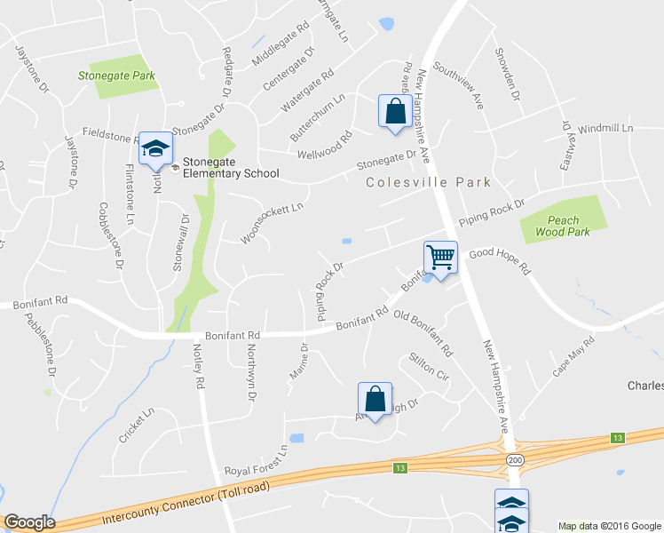 map of restaurants, bars, coffee shops, grocery stores, and more near 14610 Old Lyme Drive in Colesville