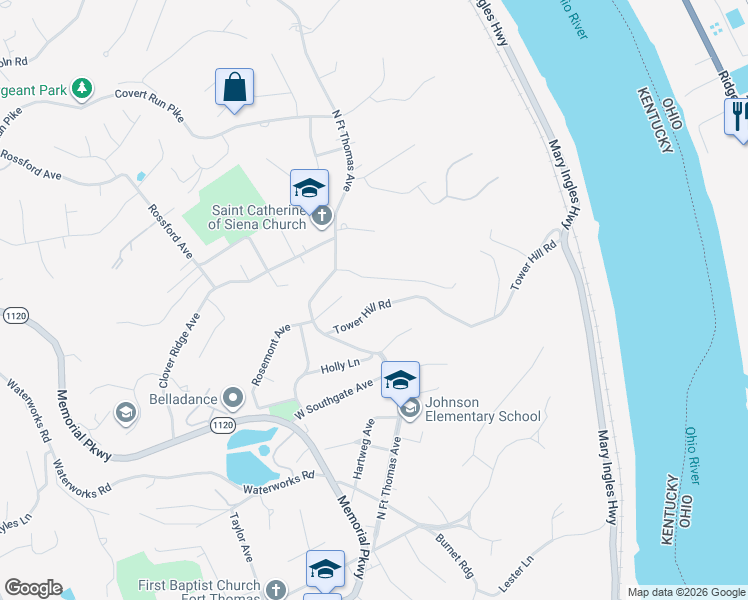 map of restaurants, bars, coffee shops, grocery stores, and more near 42 Donnelly Drive in Fort Thomas