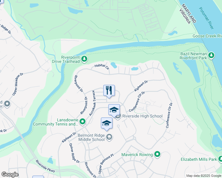 map of restaurants, bars, coffee shops, grocery stores, and more near 43594 Merchant Mill Terrace in Leesburg