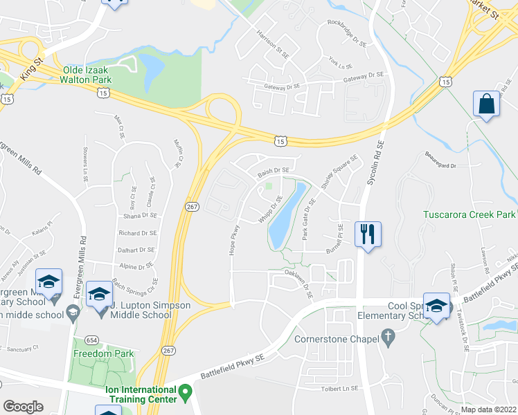 map of restaurants, bars, coffee shops, grocery stores, and more near 504 Morrissett Court Southeast in Leesburg