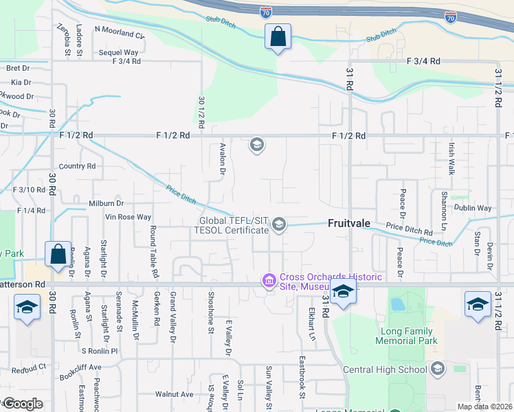 map of restaurants, bars, coffee shops, grocery stores, and more near Orange Grove Way in Grand Junction