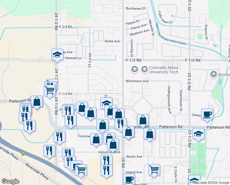 map of restaurants, bars, coffee shops, grocery stores, and more near 2499 Kerk Avenue in Grand Junction