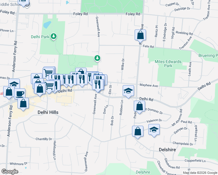 map of restaurants, bars, coffee shops, grocery stores, and more near 4819 Mayhew Avenue in Cincinnati
