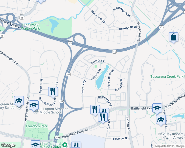 map of restaurants, bars, coffee shops, grocery stores, and more near 504 Morrissett Court Southeast in Leesburg