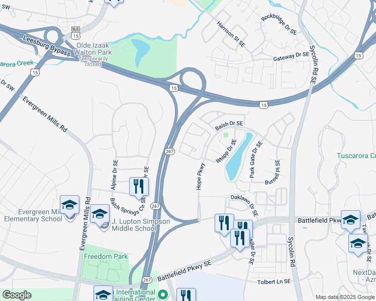 map of restaurants, bars, coffee shops, grocery stores, and more near 507 Sunset View Terrace Southeast in Leesburg