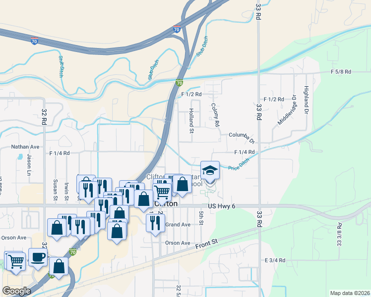 map of restaurants, bars, coffee shops, grocery stores, and more near 3265 F 3/10 Road in Clifton