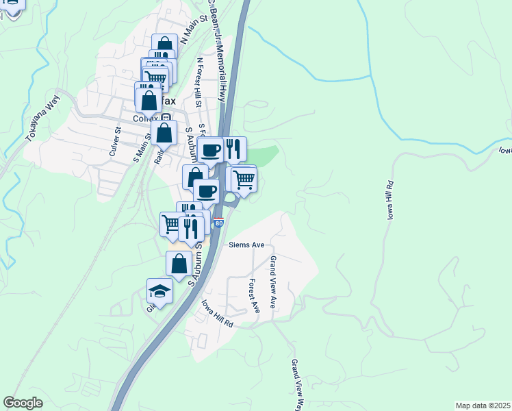 map of restaurants, bars, coffee shops, grocery stores, and more near 205 Canyon Court in Colfax