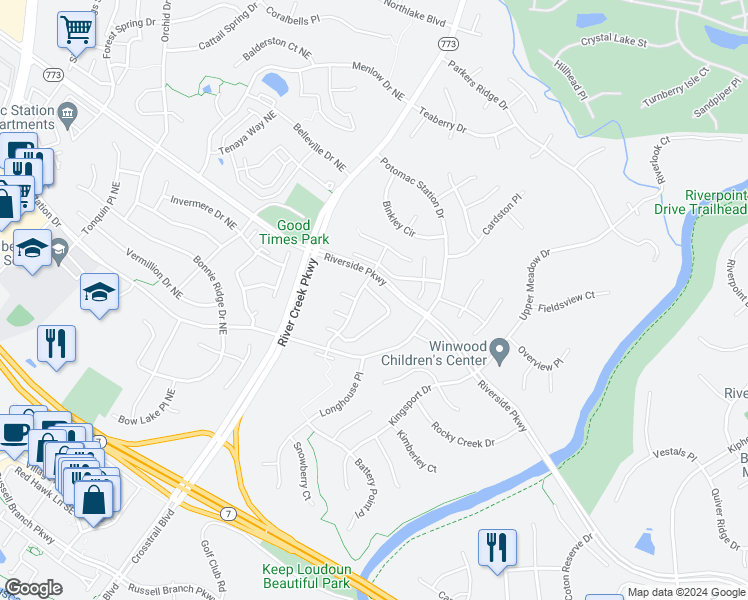 map of restaurants, bars, coffee shops, grocery stores, and more near 43067 Shadow Terrace in Leesburg