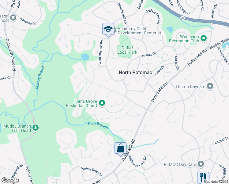 map of restaurants, bars, coffee shops, grocery stores, and more near Flints Grove Lane in North Potomac