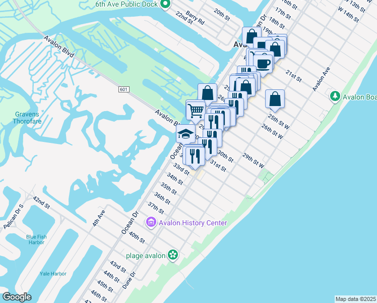 map of restaurants, bars, coffee shops, grocery stores, and more near 235 32nd Street in Avalon