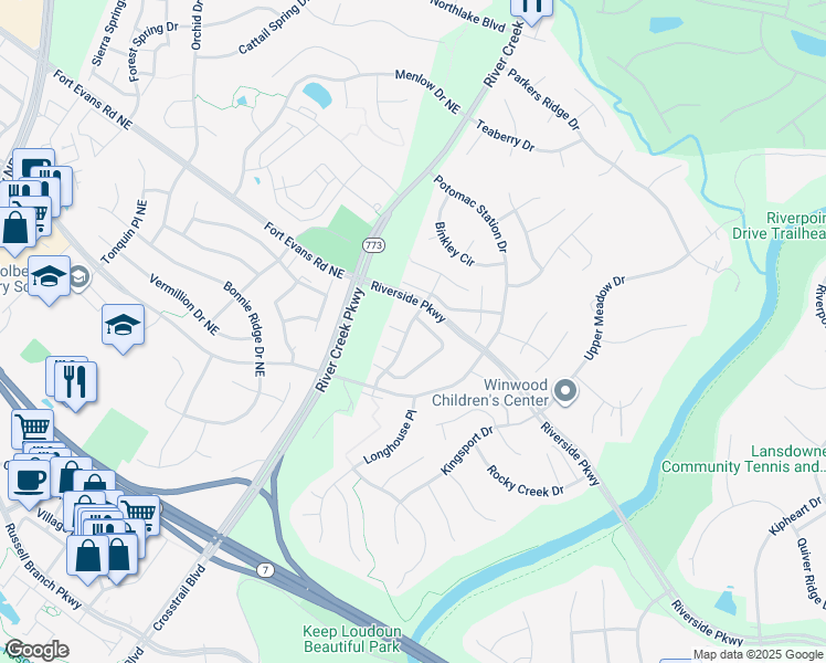 map of restaurants, bars, coffee shops, grocery stores, and more near 18814 Silverwood Terrace in Leesburg