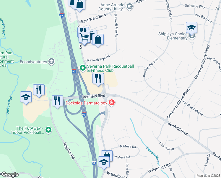 map of restaurants, bars, coffee shops, grocery stores, and more near 8561 Veterans Highway in Millersville