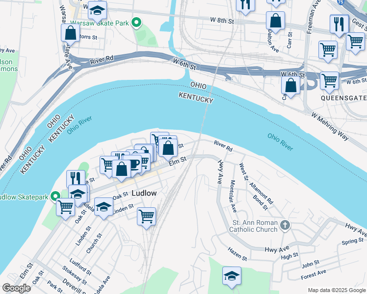 map of restaurants, bars, coffee shops, grocery stores, and more near 32 Ash Street in Ludlow