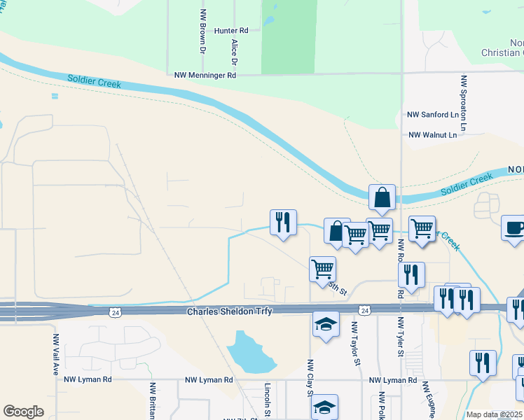 map of restaurants, bars, coffee shops, grocery stores, and more near 1430 Northwest 25th Street in Topeka