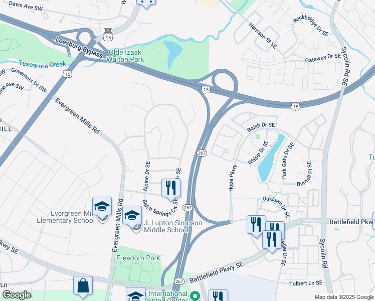 map of restaurants, bars, coffee shops, grocery stores, and more near 155 Alpine Drive Southeast in Leesburg
