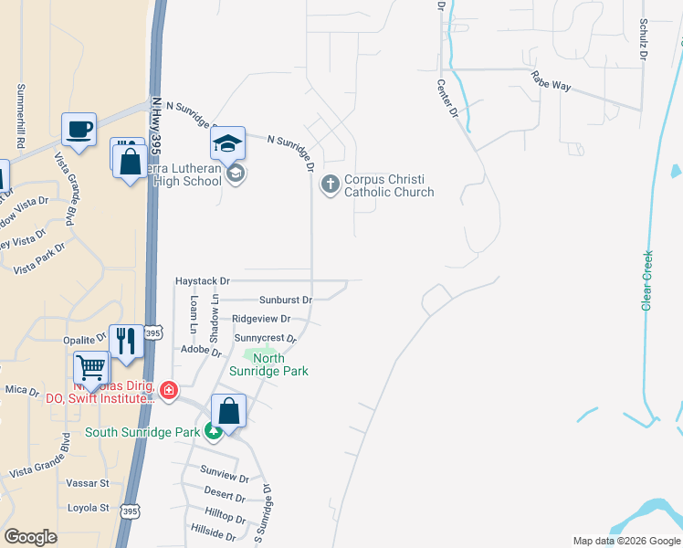 map of restaurants, bars, coffee shops, grocery stores, and more near 1030 Haystack Drive in Minden
