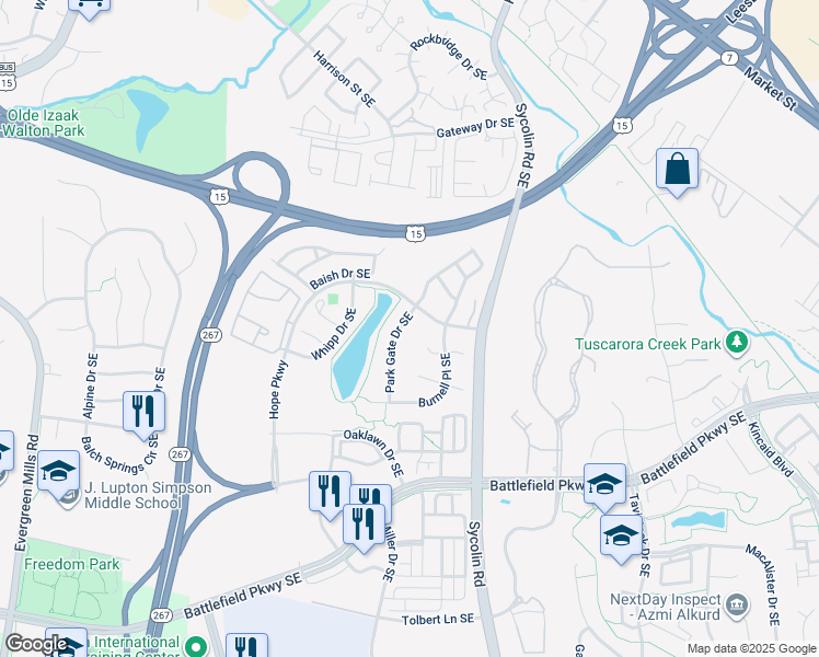 map of restaurants, bars, coffee shops, grocery stores, and more near 206 Park Gate Drive Southeast in Leesburg