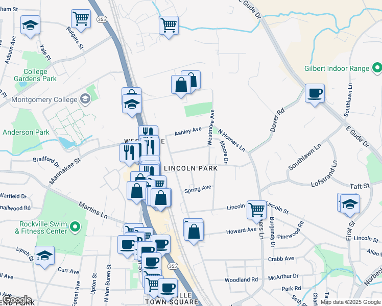 map of restaurants, bars, coffee shops, grocery stores, and more near 213 Elizabeth Avenue in Rockville