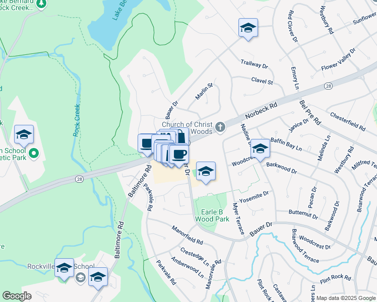 map of restaurants, bars, coffee shops, grocery stores, and more near 14639 Bauer Drive in Rockville