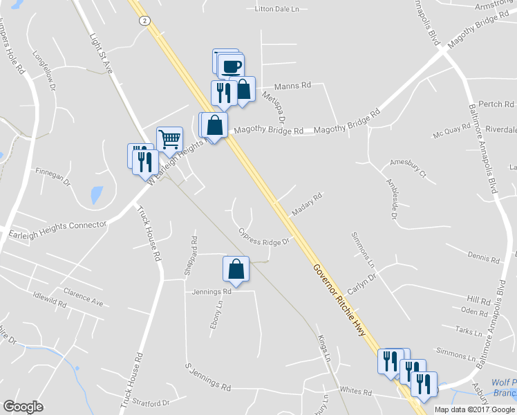 map of restaurants, bars, coffee shops, grocery stores, and more near 3 Woodbent Drive in Severna Park