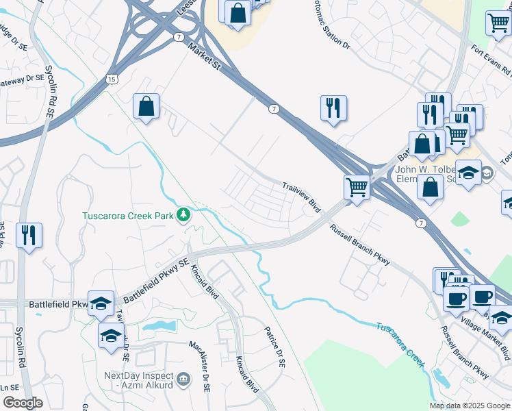 map of restaurants, bars, coffee shops, grocery stores, and more near 302 Bodega Terrace Southeast in Leesburg