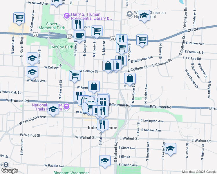 map of restaurants, bars, coffee shops, grocery stores, and more near 118 East Farmer Avenue in Independence