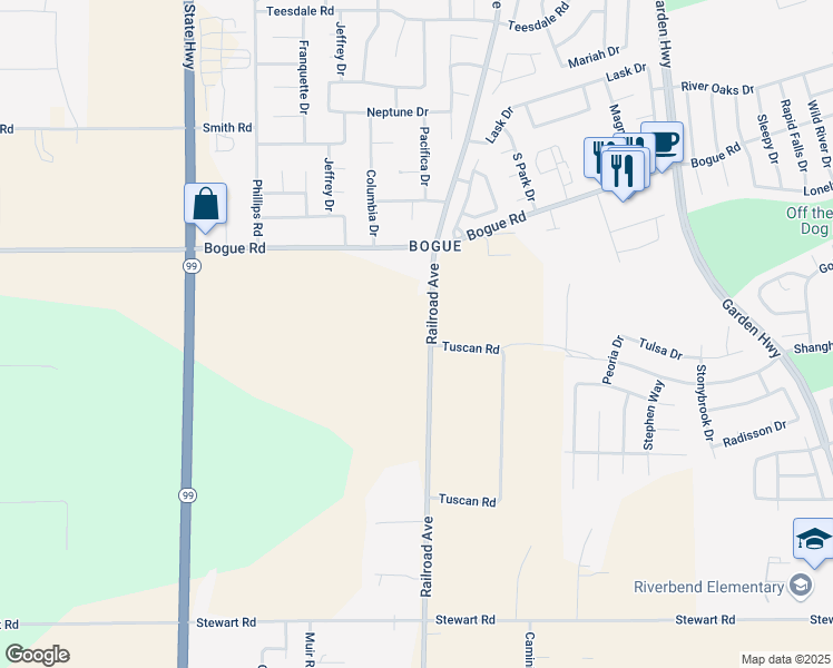 map of restaurants, bars, coffee shops, grocery stores, and more near 2125 Railroad Avenue in Yuba City