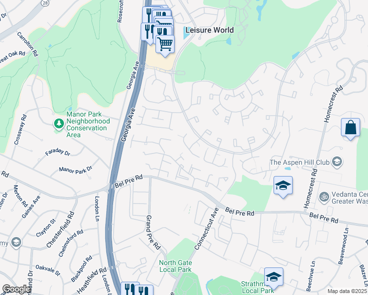 map of restaurants, bars, coffee shops, grocery stores, and more near 3638 Edelmar Terrace in Silver Spring