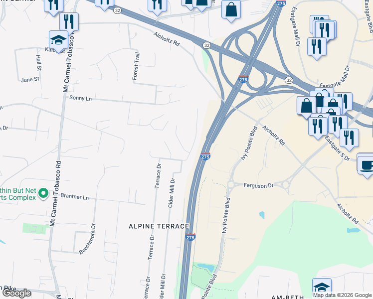 map of restaurants, bars, coffee shops, grocery stores, and more near 4432 Happiness Lane in Cincinnati