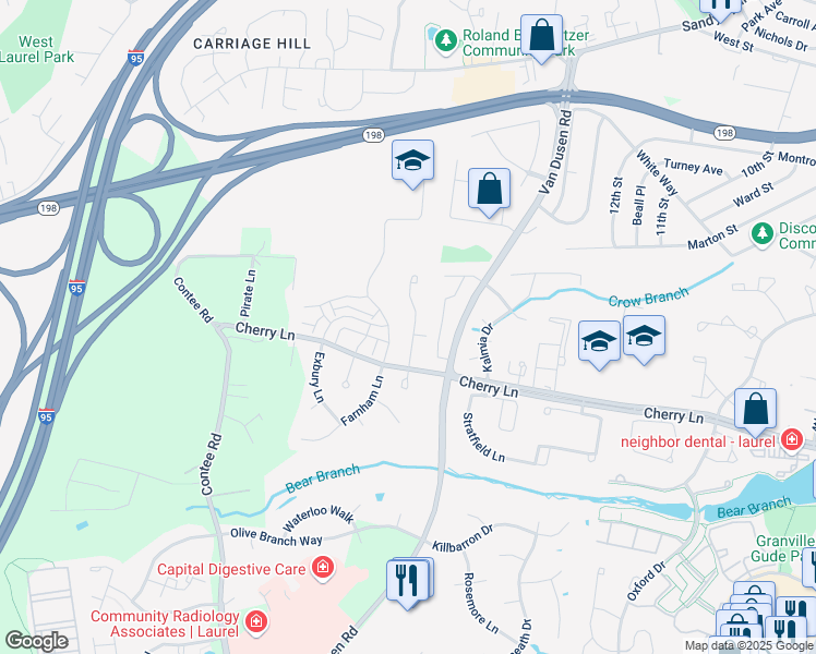 map of restaurants, bars, coffee shops, grocery stores, and more near 14940 Cherrywood Drive in Laurel