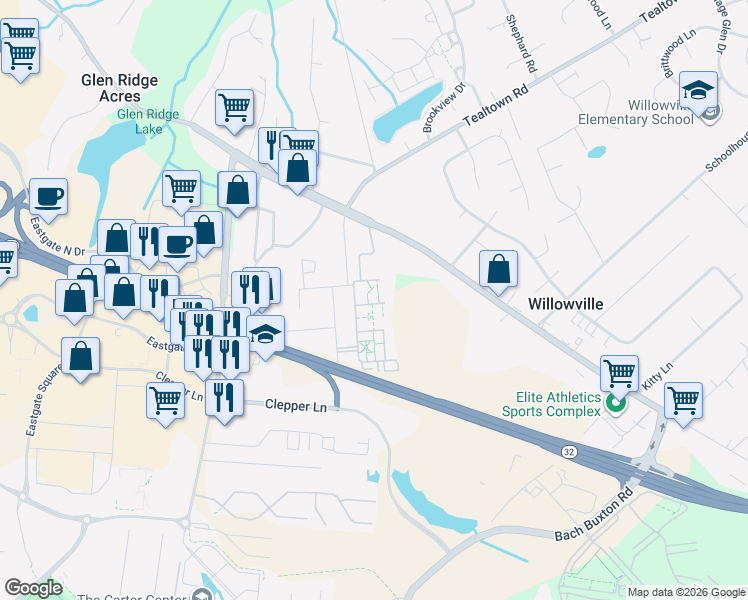 map of restaurants, bars, coffee shops, grocery stores, and more near 20 Spotswood Common in Batavia