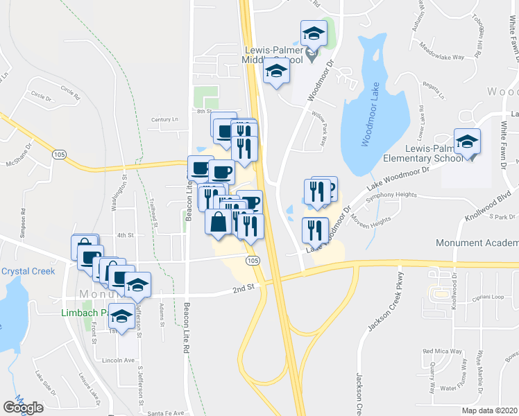map of restaurants, bars, coffee shops, grocery stores, and more near 450 Highway 105 in Monument