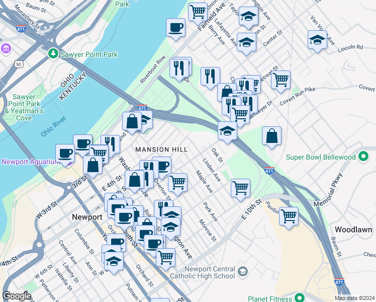 map of restaurants, bars, coffee shops, grocery stores, and more near 650 Nelson Place in Newport