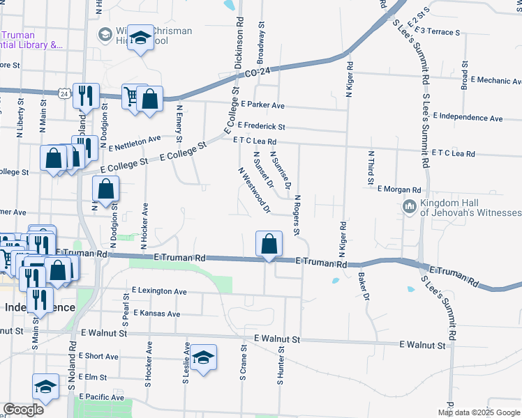map of restaurants, bars, coffee shops, grocery stores, and more near 607 North Westwood Court in Independence