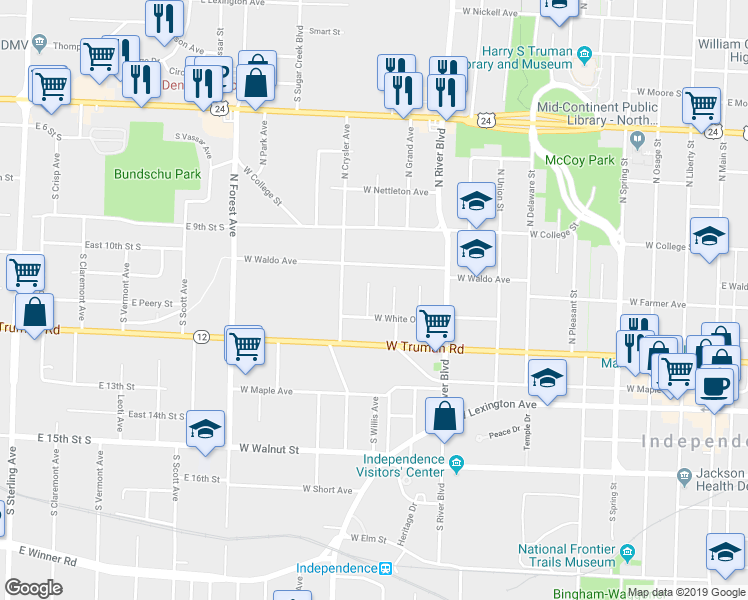 map of restaurants, bars, coffee shops, grocery stores, and more near 416 North Willis Avenue in Independence