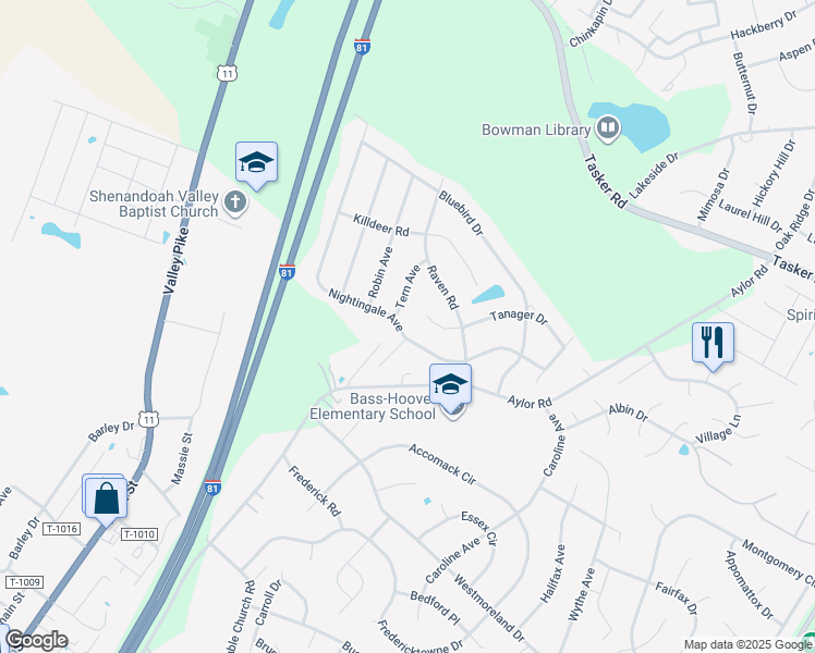 map of restaurants, bars, coffee shops, grocery stores, and more near 139 Nightingale Avenue in Stephens City