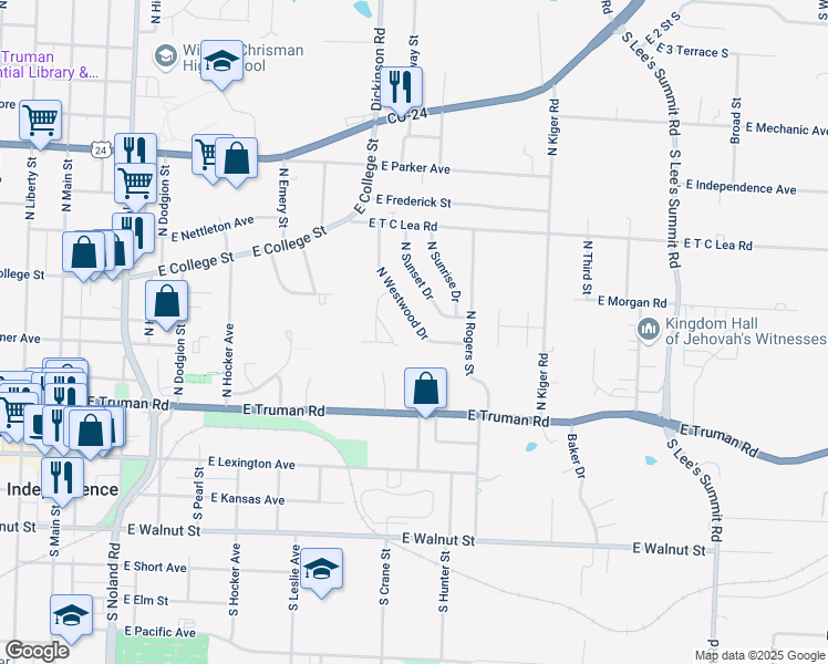 map of restaurants, bars, coffee shops, grocery stores, and more near 607 North Westwood Court in Independence