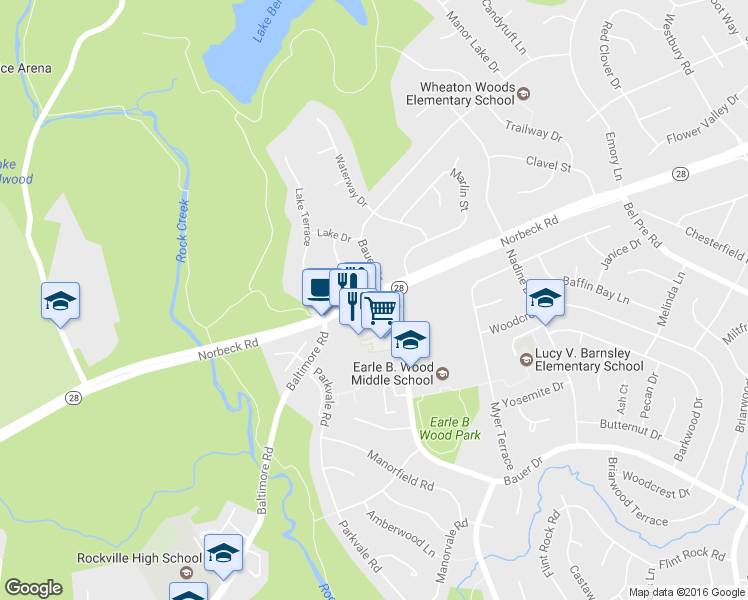 map of restaurants, bars, coffee shops, grocery stores, and more near 5505 Norbeck Road in Rockville