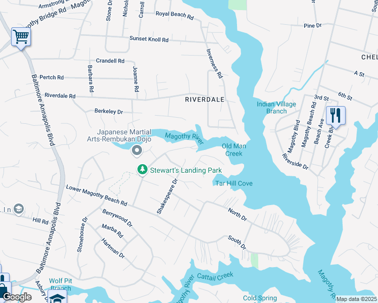 map of restaurants, bars, coffee shops, grocery stores, and more near 245 Tolstoy Lane in Severna Park