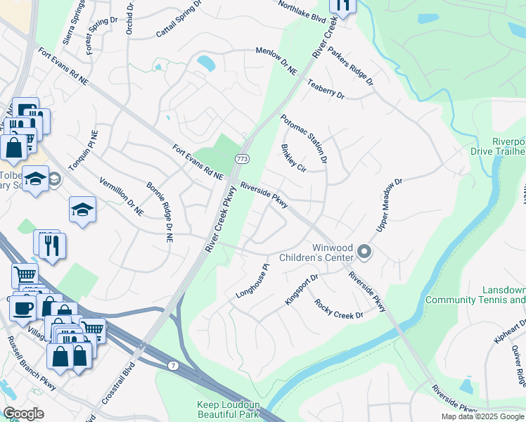 map of restaurants, bars, coffee shops, grocery stores, and more near 43036 Rundle Terrace in Leesburg