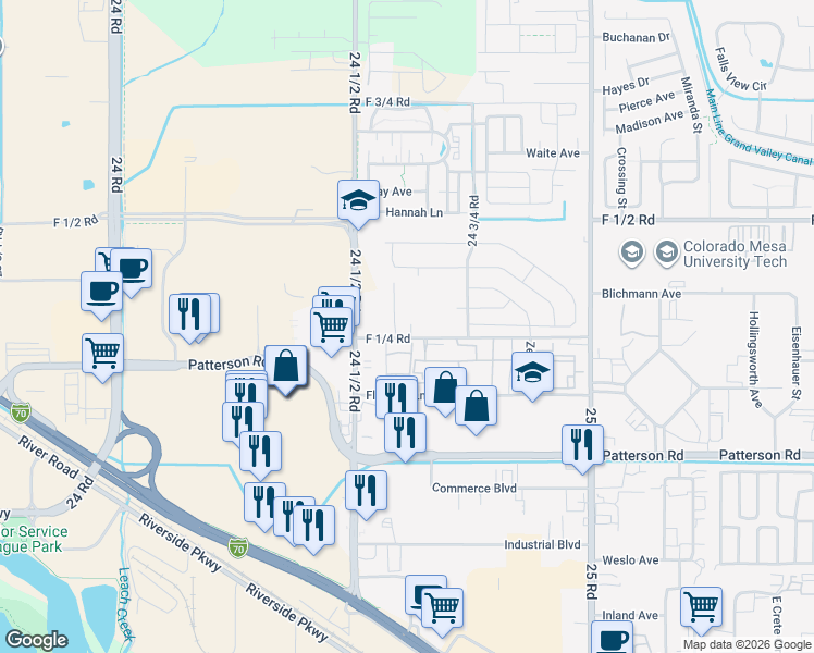 map of restaurants, bars, coffee shops, grocery stores, and more near 2460 F 1/4 Road in Grand Junction