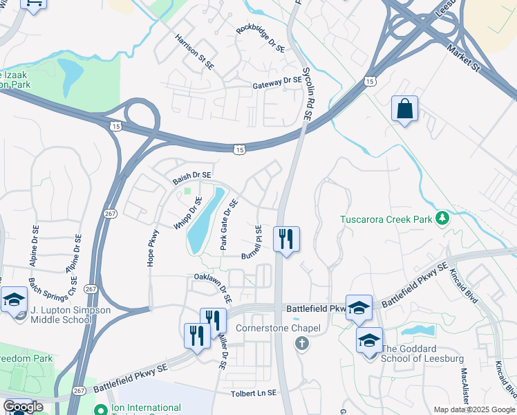 map of restaurants, bars, coffee shops, grocery stores, and more near Hope Parkway in Leesburg