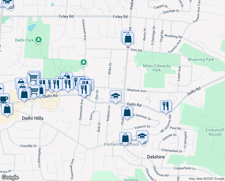 map of restaurants, bars, coffee shops, grocery stores, and more near 4601 Mayhew Avenue in Cincinnati