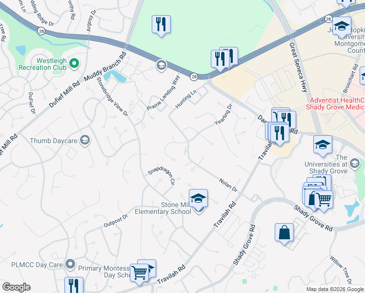 map of restaurants, bars, coffee shops, grocery stores, and more near 10322 Nolan Drive in Rockville